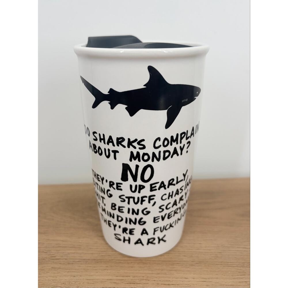 🦈 Lenny Mud White Stoneware Shark Travel Mug With Lid - Funny Office